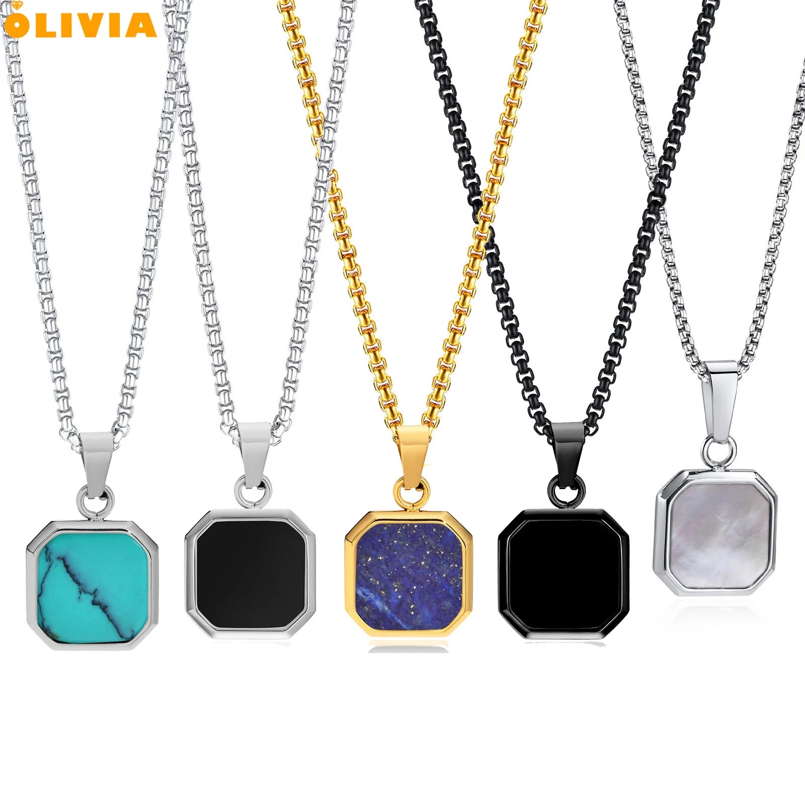 Fashion Fine Jewelry Necklace 18K Gold Square Turquoise White Shell Black Oil Pendant Stainless Steel Lapis Lazuli Necklace Men