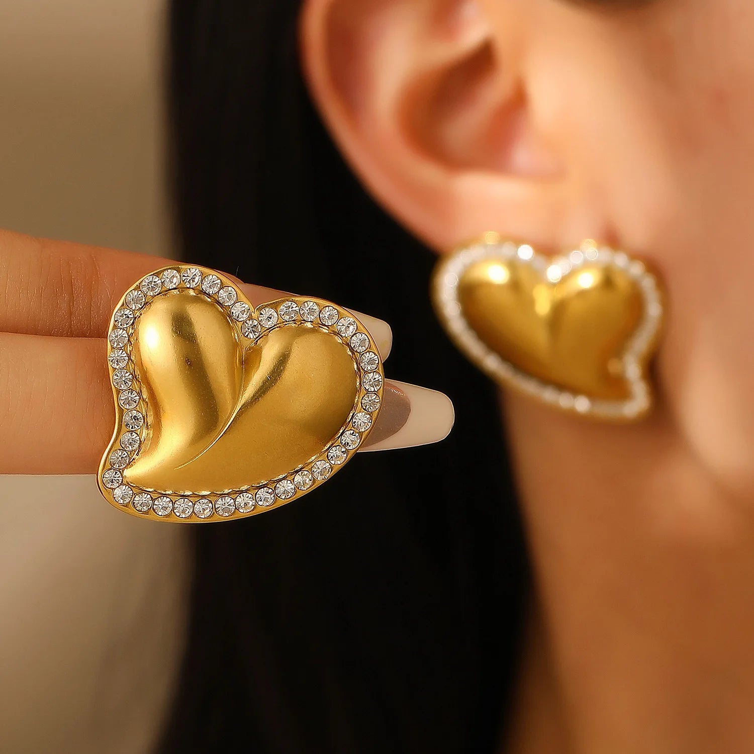 Cute Stone & Heart 18K Stainless Steel Fashion Accessory  Earrings
