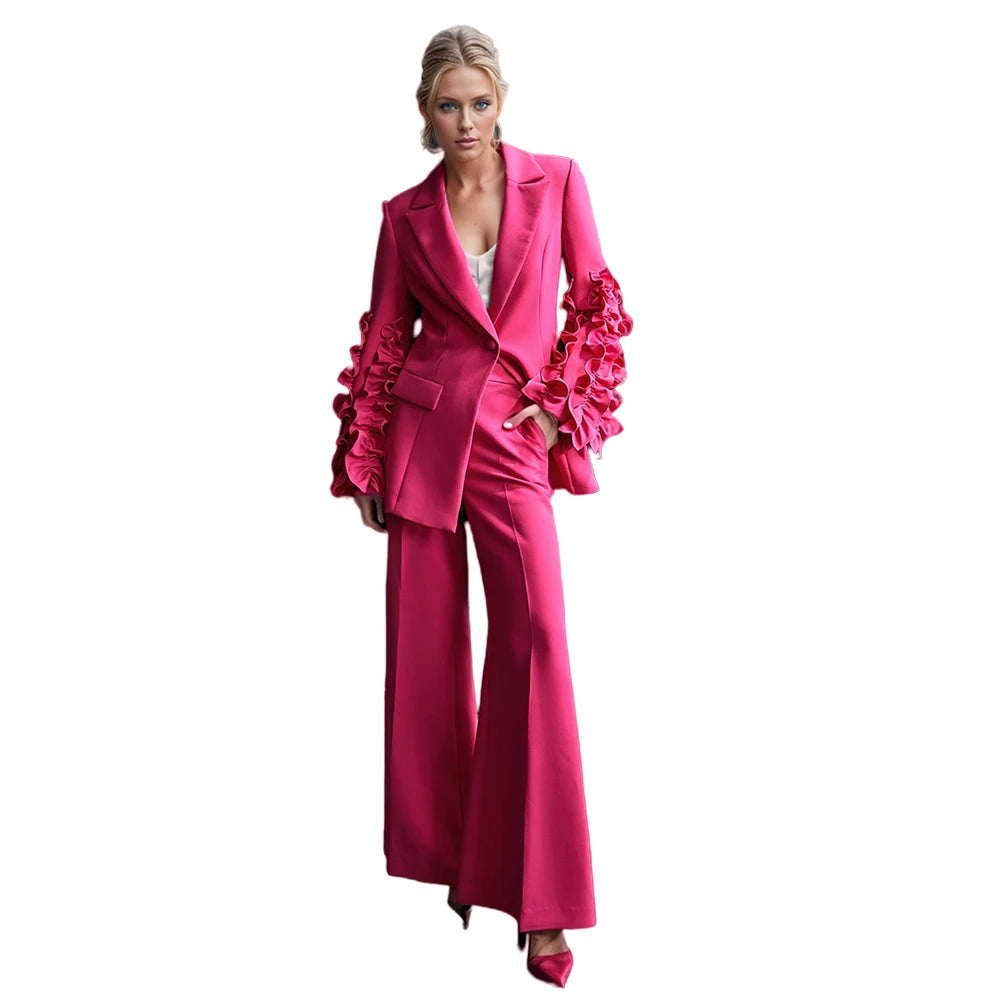 TWOTWINSTYLE New Fashion Casual Women Suits Solid Ruffles Pleats Sleeve Women's Blazers Single Button Elegant Formal Jacket