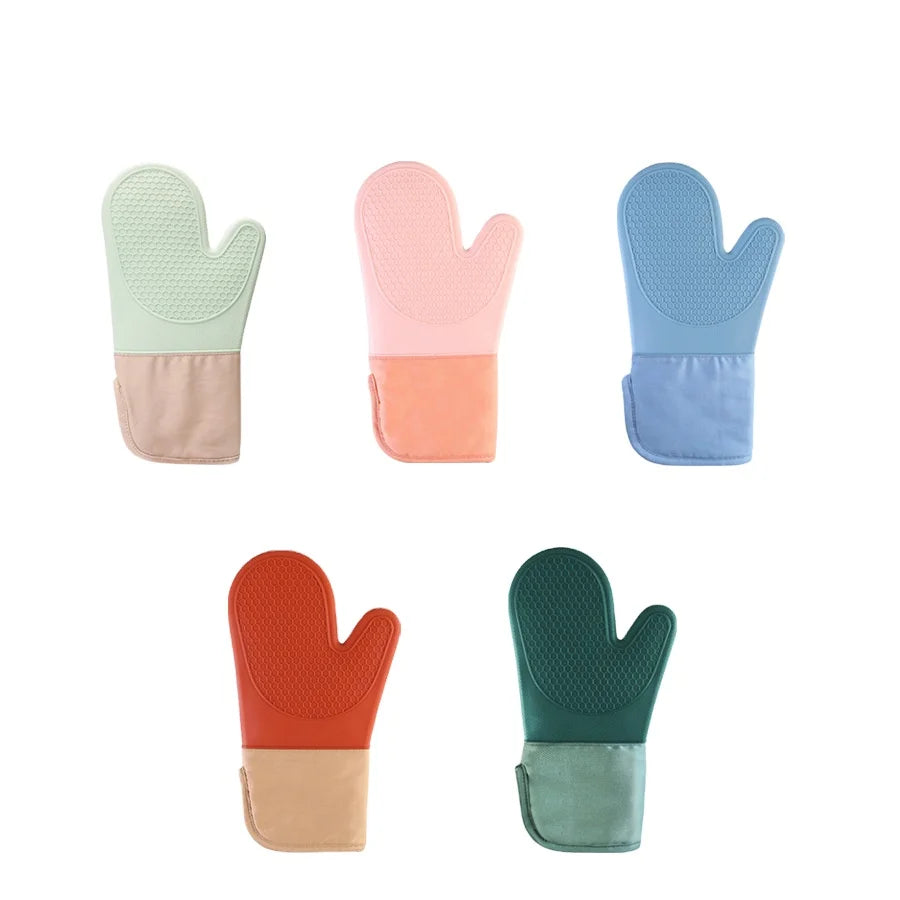 Extra Long Silicone Oven Mitts with Printed Style Kitchen Baking Gloves Set Including Mittens and Pot Holders