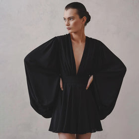 Good Selling Back Zip V Neck High Waist Puff Long Sleeve Fashion Elegant Summer Women Short Dresses Ladies Black Dress