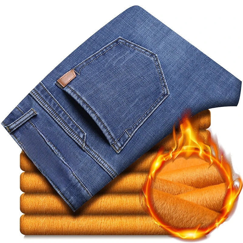 Fitspi Autumn Winter Denim Jeans Men's Straight Loose Elastic Plus Velvet Thickening Casual Trousers Wholesale for Wish