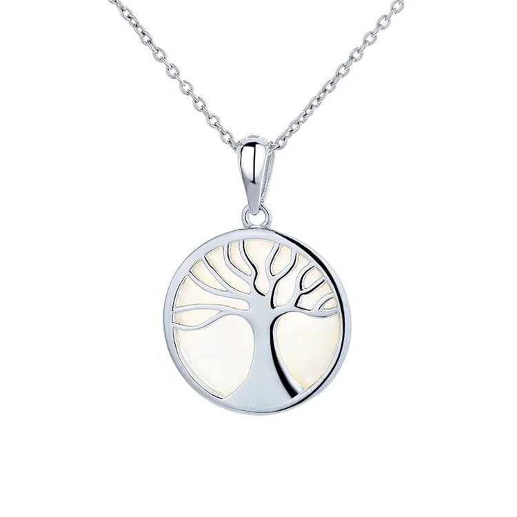 Fashion Round Shape White Fantastic  Abalone 925 Silver Tree of Life Pendant Necklace