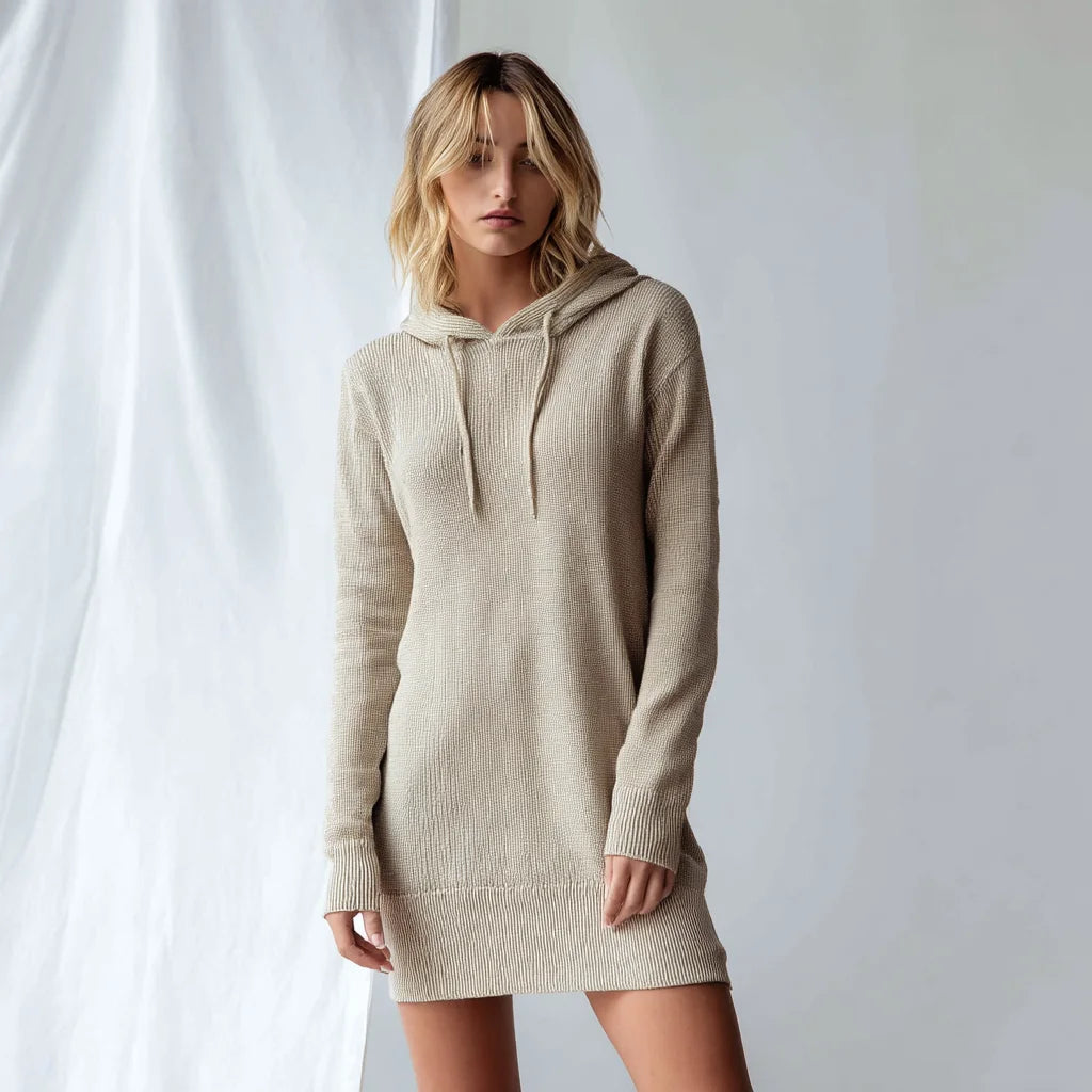 Women's Hooded Knit Sweater Dress Cotton-Knit Fabric Long Sleeve Mid-Thigh Length Casual Chic