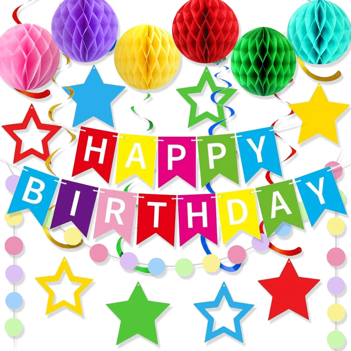 Colorful Birthday Party Decorations Honeycomb Ball Hollow Five Pointed Star Vortex Spinning Disc Flower Set