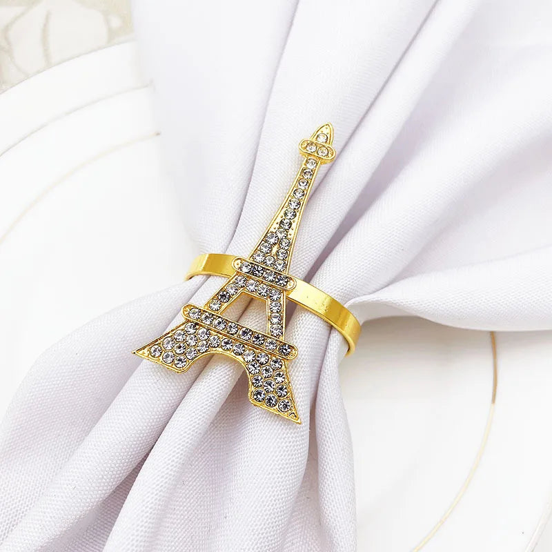 Wholesale Ideas Factory Price Metal Gold Eiffel Tower Crystal Napkin Rings for Romantic Weddings