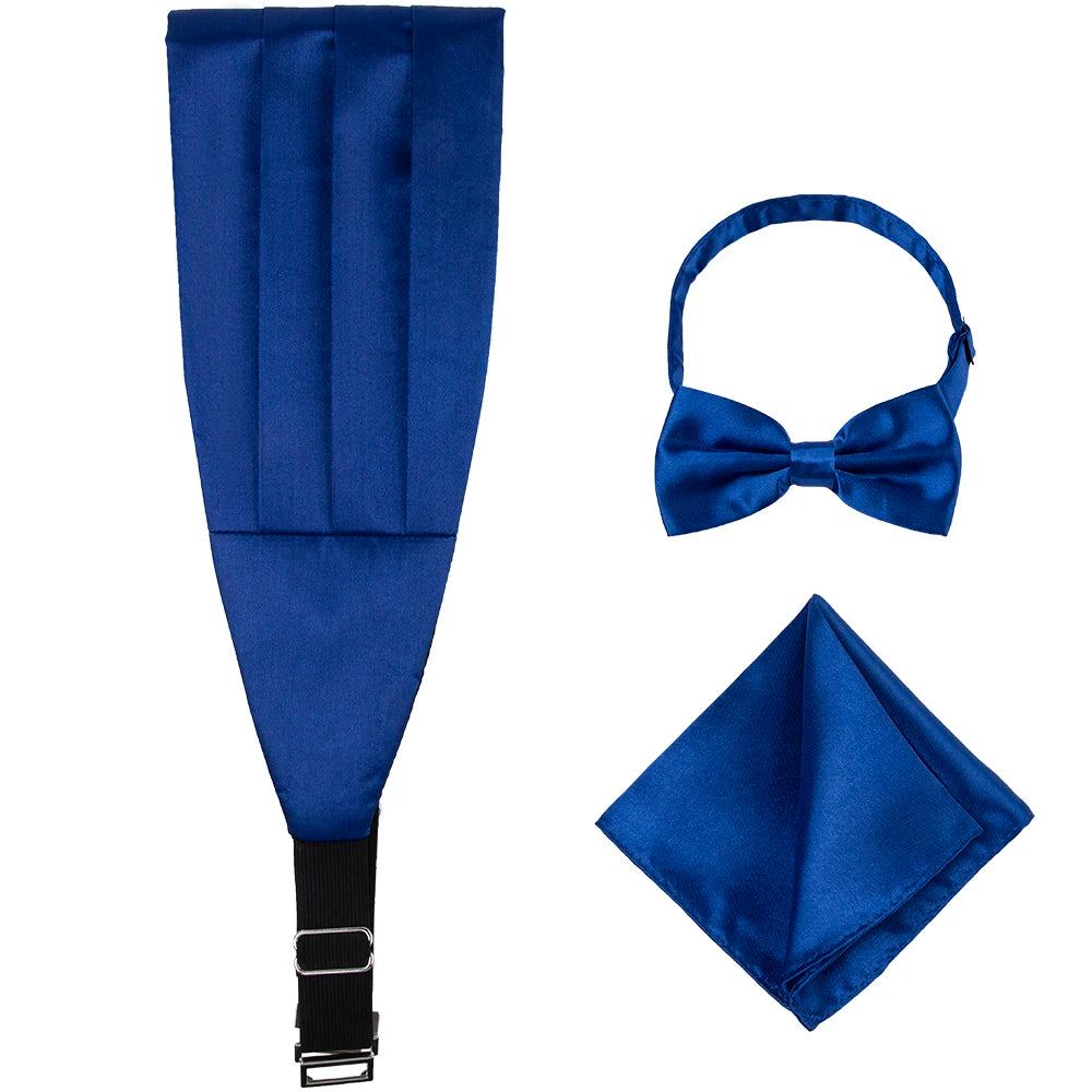 Fashionable Solid Blue 100% Polyester Glossy Satin Plain Dyed Adjustable Strap Durable Needle Detection Bow Ties Pocket Squares