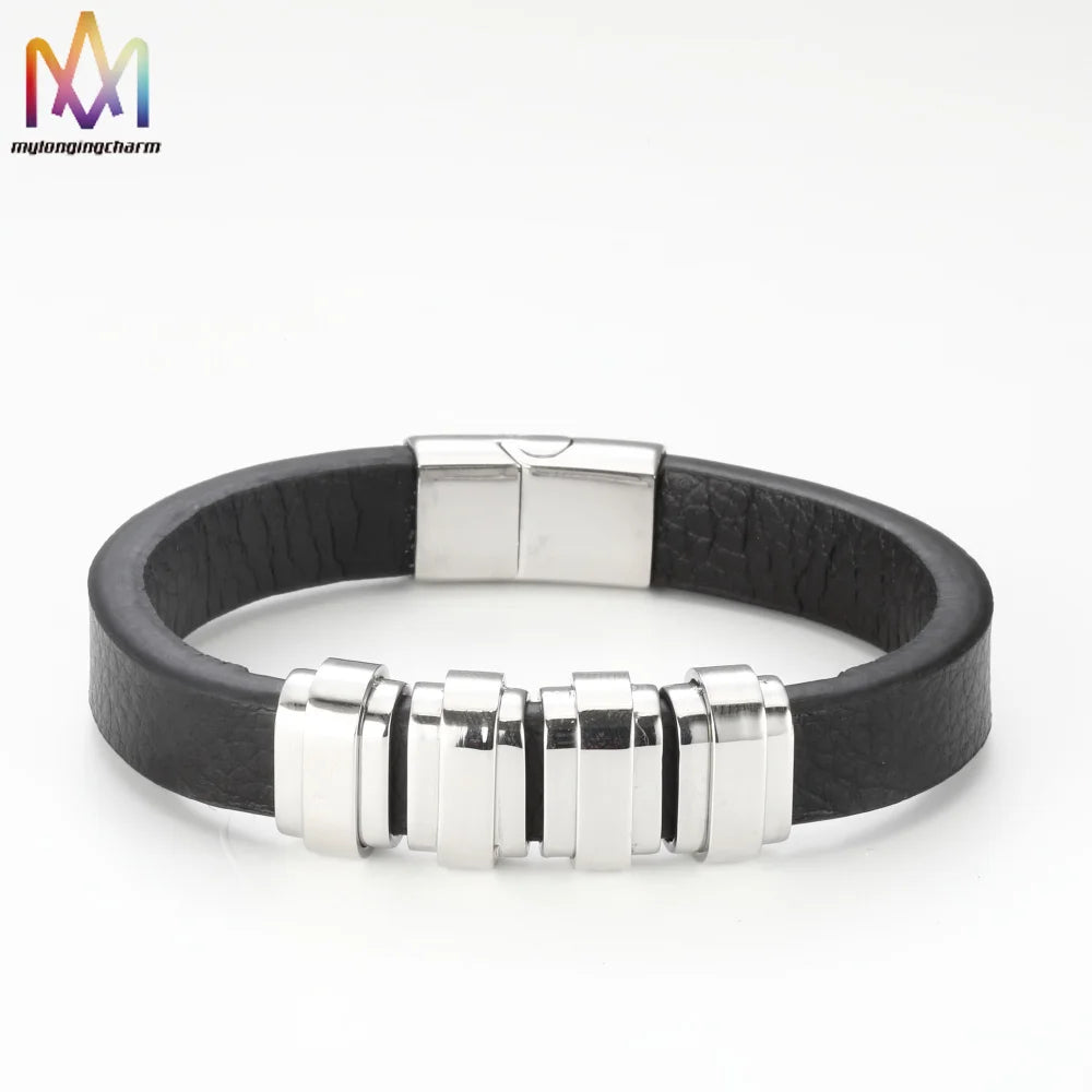 Custom Men'S Black Adjustable Bracelet With Blank Bars Stainless Steel and Leather Band Bracelets Wholesale