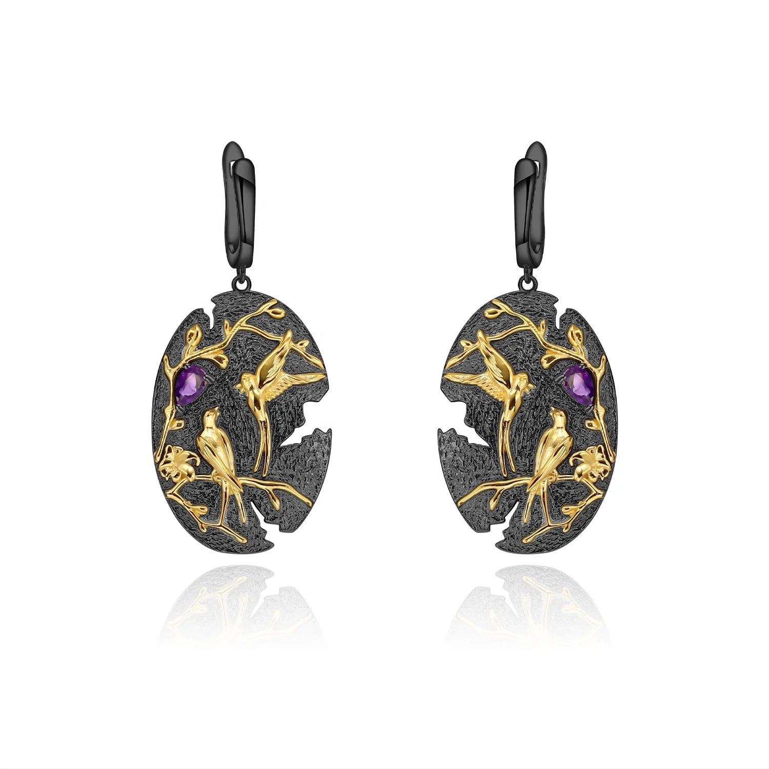 Abiding Solid Silver Earring Art Jewelry Handmade Loving Bird Tree Branch 925 Sterling Natural Amethyst Women Jewelry Earring