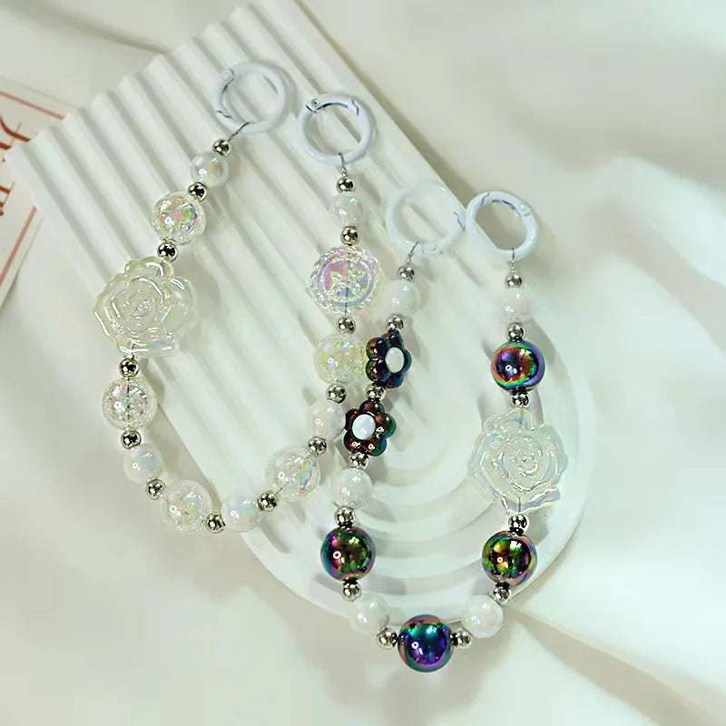 Colorful Embossed Double-sided Camellia Beads Pendant Double Buckle Chain Ins Niche Beads Chain Pendant