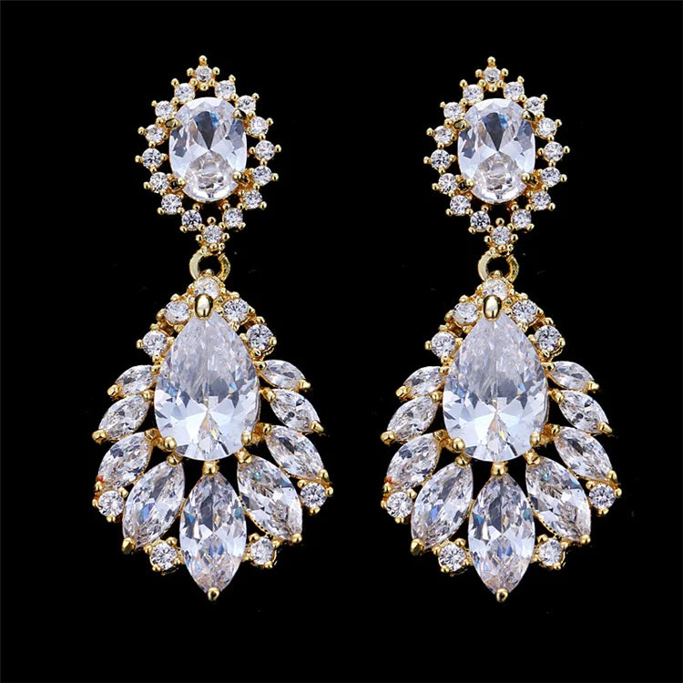 Wholesale Shining Vintage Copper Water Drop Zircon Earrings European and American Brides Women Luxury Prom Gift
