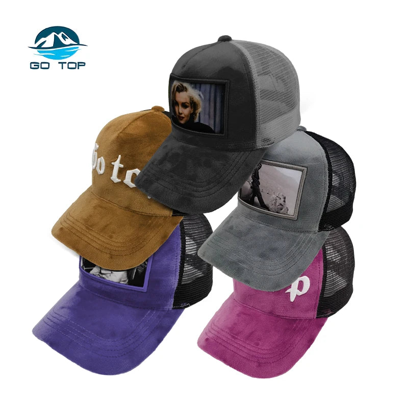 2026 New Arrivals Fashion Embroidery Velvet Cap 5 Panel Trucker Mesh Rectangular Photo Custom Velvet Trucker Hat