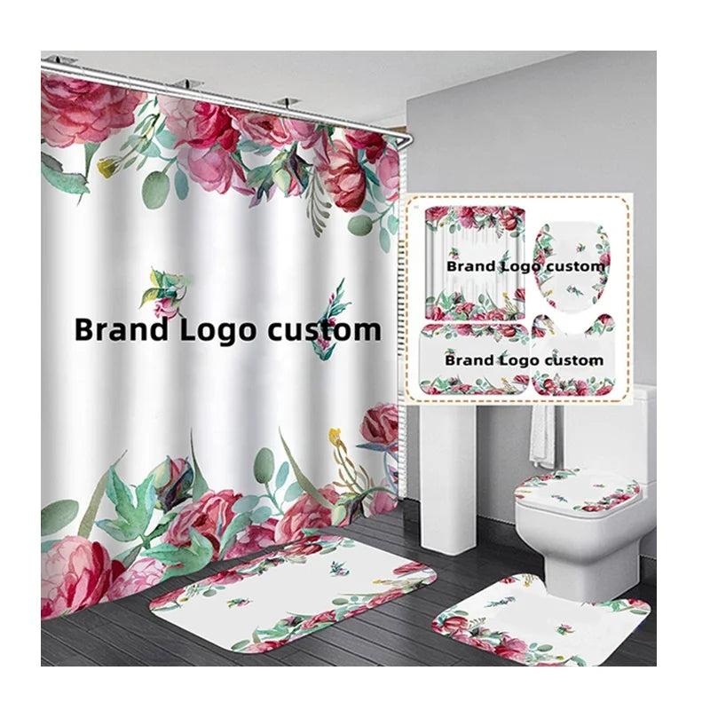 Customized Shower Curtain Brand Name Logo Bath Set Bathroom Mat Set With Shower Curtain Luxury Shower Curtain Sets