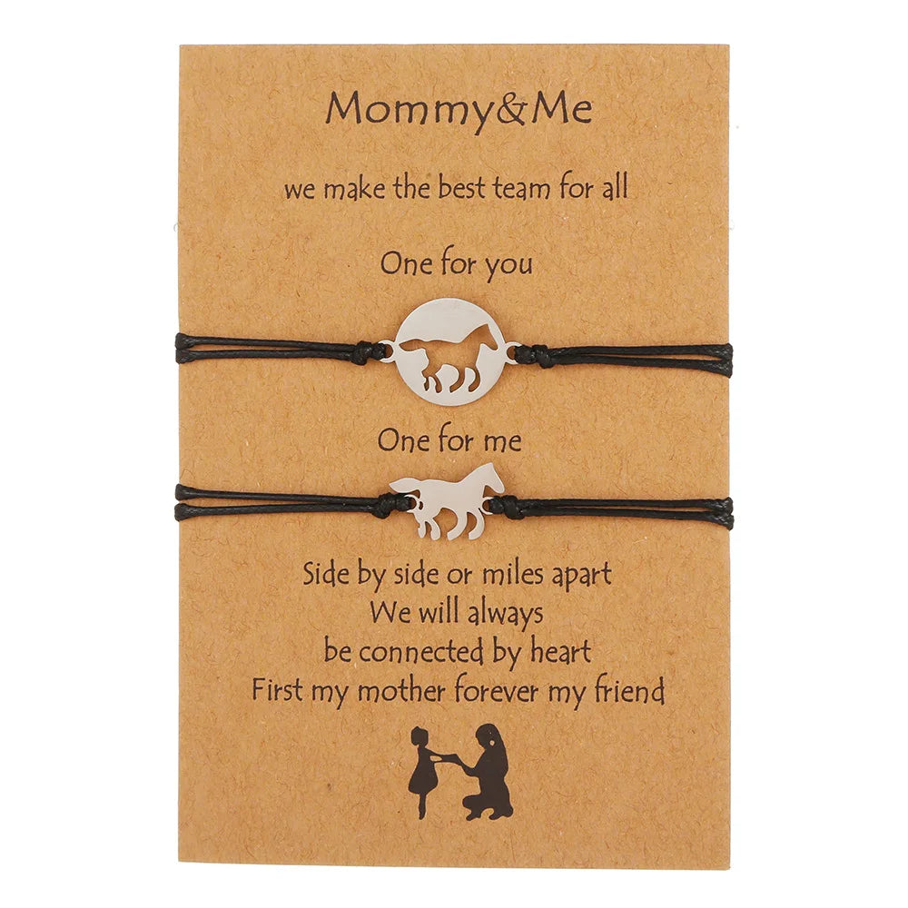 C038 2Pcs/Set Jewelry Mother's Day Gift Handmade Woven Wish Bracelet Stainless Steel Hollow Horse Charm Wish Card Bracelet
