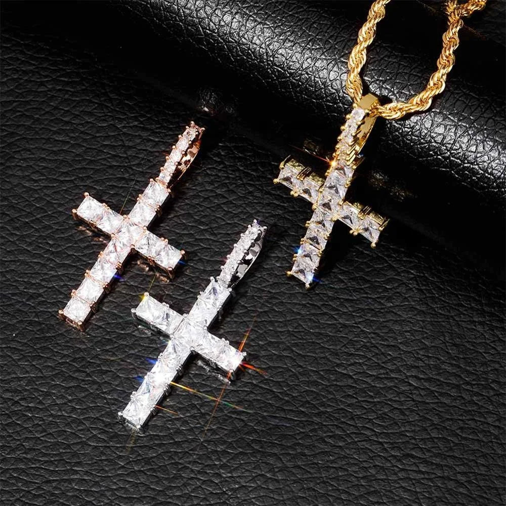 New Iced Out Zircon Baguette Cross Hiphop Pendant Chain Men's Jewelry Gold Silver Color CZ Pendant Necklace Bling Cross Charms