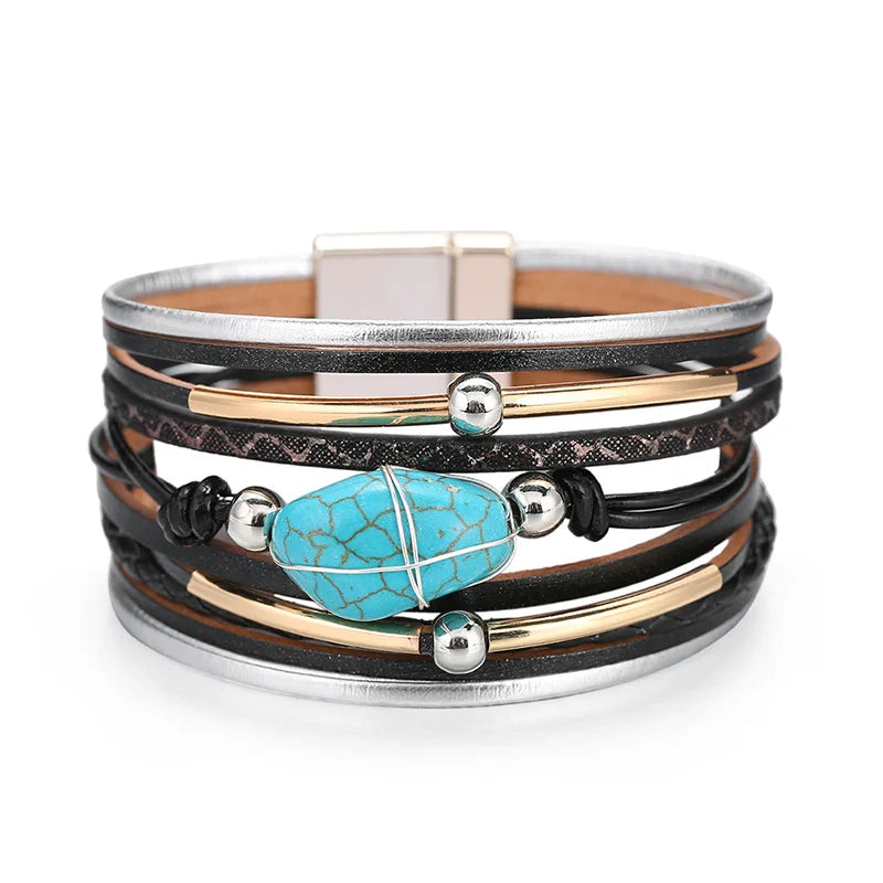 DHJ00086 Fashion Turquoise Stone Bangle Women's PU Leather Bangle Exaggerated Bangle Jewelry