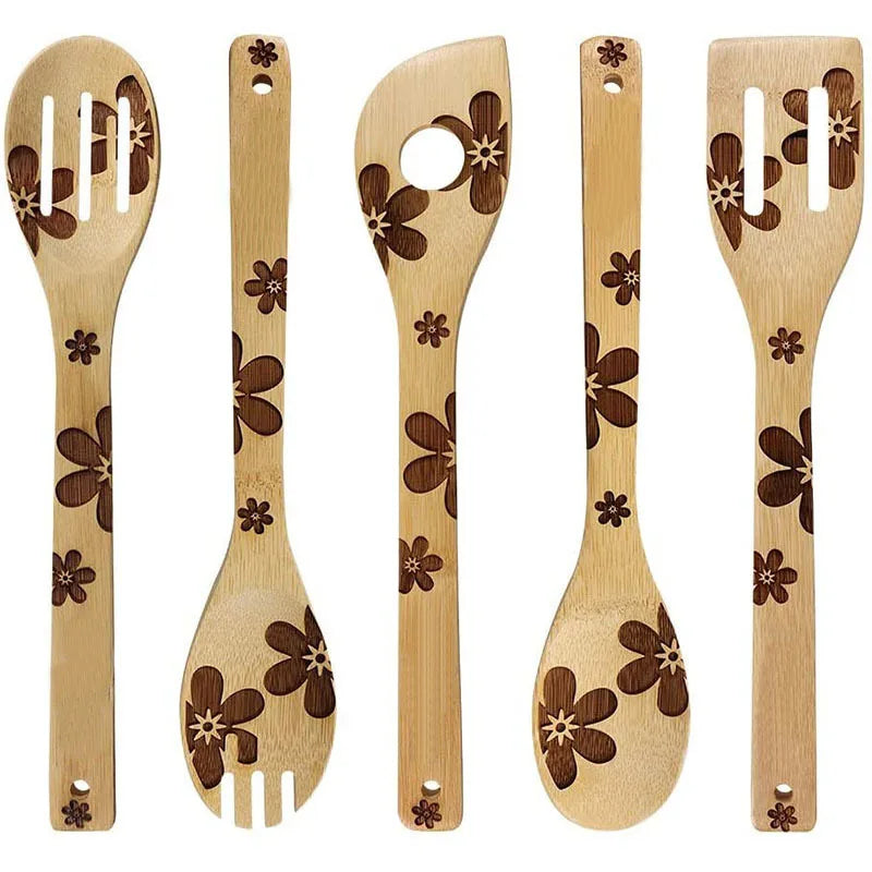 Fun Gift Idea Christmas Decoration Kitchen Supplies 5 Pieces Set Wooden Serving Spoon Burned Bamboo Cooking Utensils With Holder