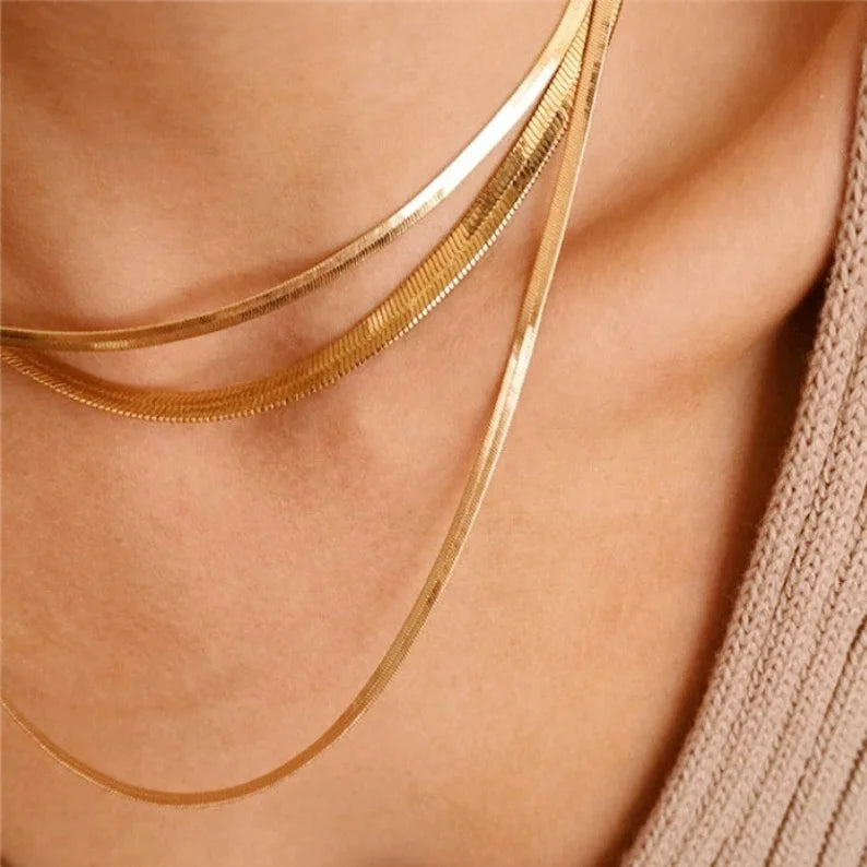 Waterproof Plated 18K Gold Herringbone Chain Necklace for Men Women Fashion Jewelry Stainless Steel Flat Snake Chain Necklace