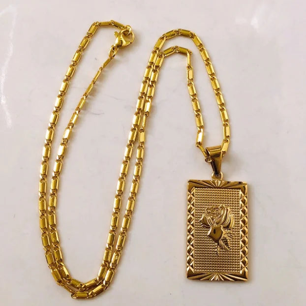 18K Gold Plated Stainless Steel Jewelry Rose Pendant Necklace Square Choker Necklace Women