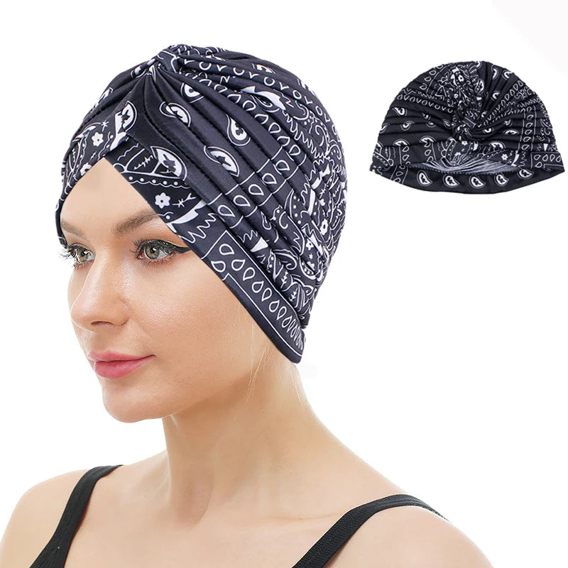 Latest Elastic Polyester Paisley Pattern Bandanas Turbans Head Wraps Scarf Ruffle Turban for Ladies