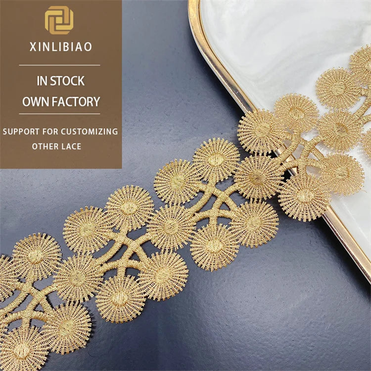 Polyester Gold Lace Embroidered Flower Clothing Sewing Lace Accessories Water-soluble Gold Lace Trim