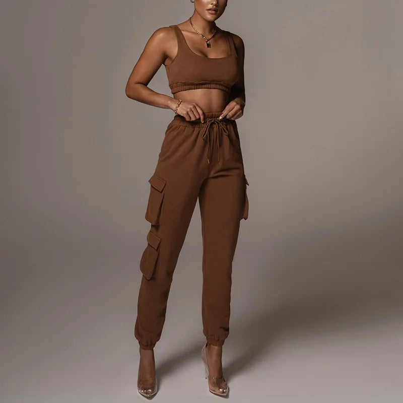 Drawstring Elastic Training Conjunto Deportivo Ladies Trendy Two Piece Summer Set Bootleg Pants and Crop Tops Lounge Casual Wear