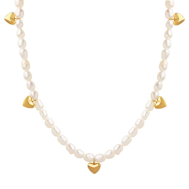 Factory Supply Heart Stitching Freshwater Pearl Chain Necklace Design Stainless Steel Jewelry Necklace