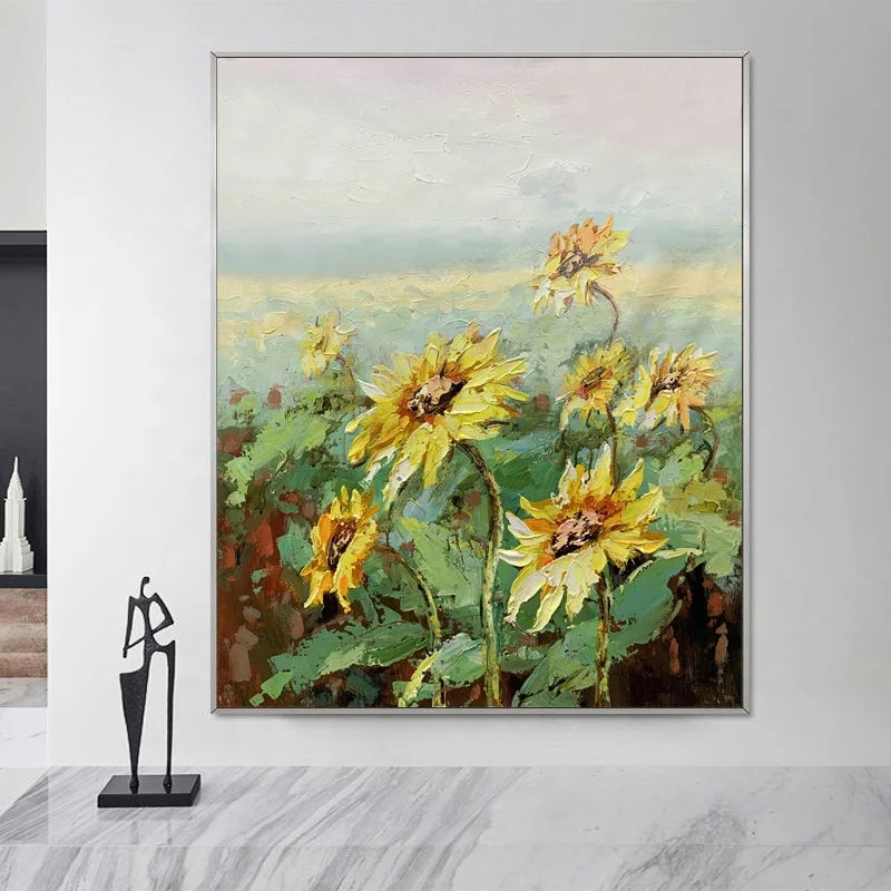 Hand Painted Original Modern Thick Texture Sunflower Oil Painting on Canvas Abstract Wall Art Frame by JZ Arts
