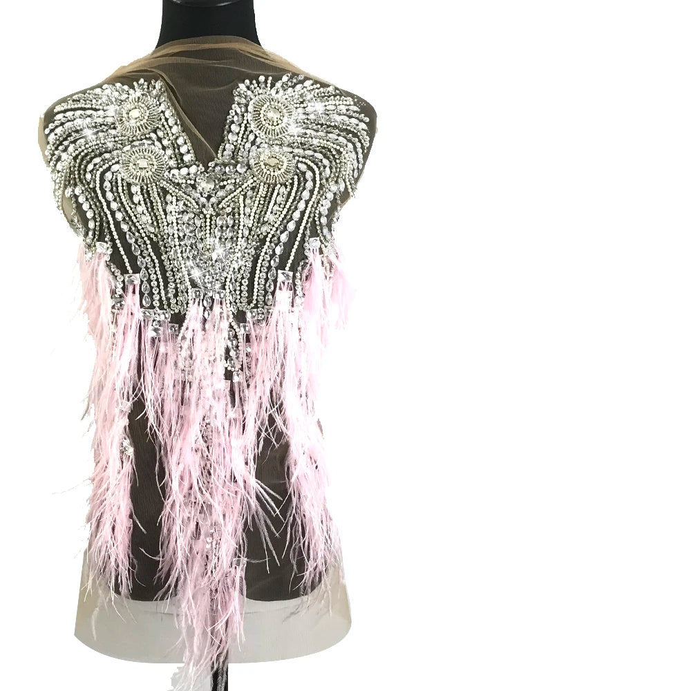 W014 Fancy Plume Accessories Beaded Crystal Patch Applique Patches Custom Embroidery for Wedding Gown
