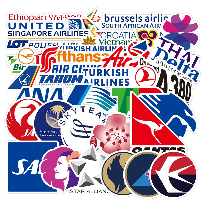 55Pcs International Airlines Logo Decorative Stickers for Luggage Laptop Bottle Waterproof World Travel Sticker