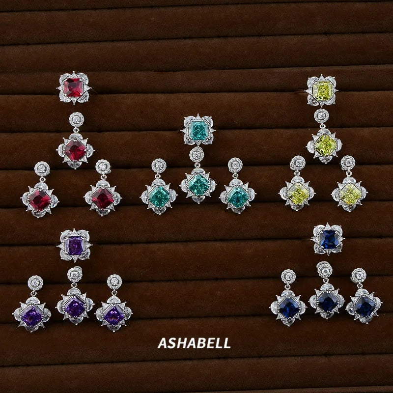 Wholesale Multiple Colors CZ 925 Silver Fashion Jewelry Sets Ice Cut 5A Zircon Wedding Ring Set Earrings Ring Pendant Neckl