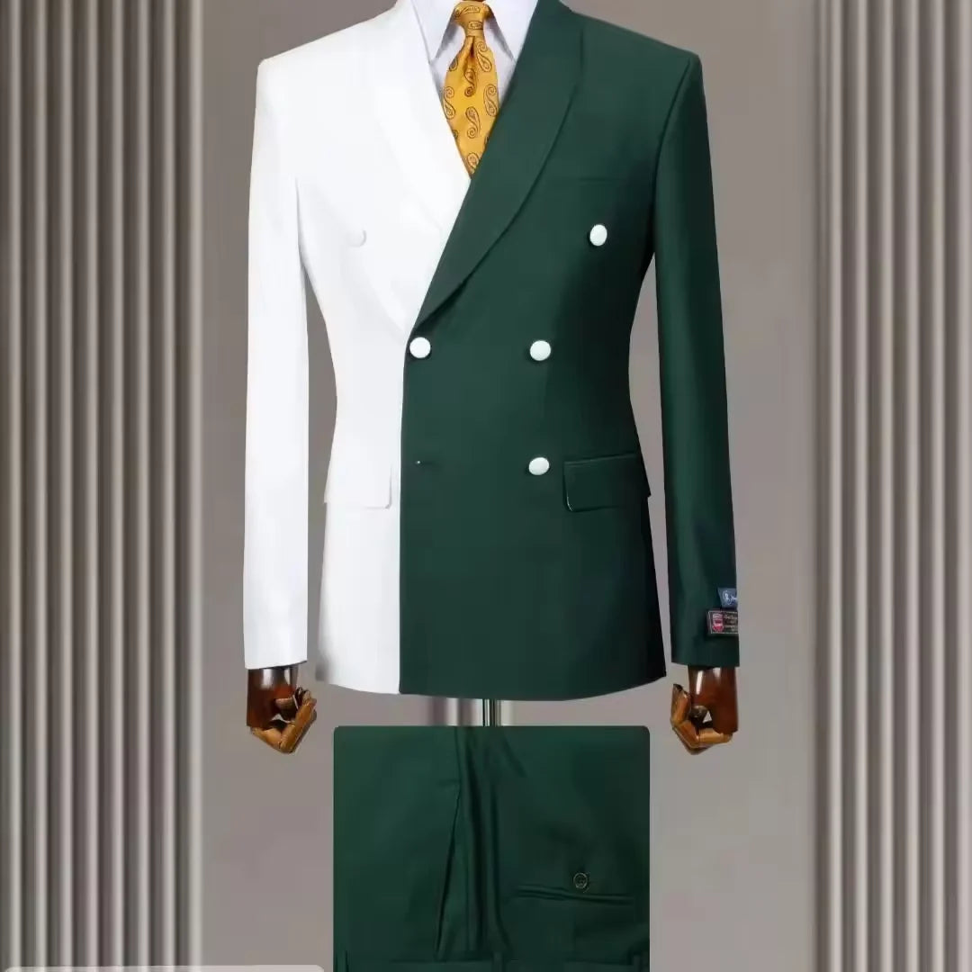 White Green Patchwork Design Men Suits Double Breasted Shawl  Lapel Full Set Terno Prom Party Outfits 2 Piece Jacket Pants