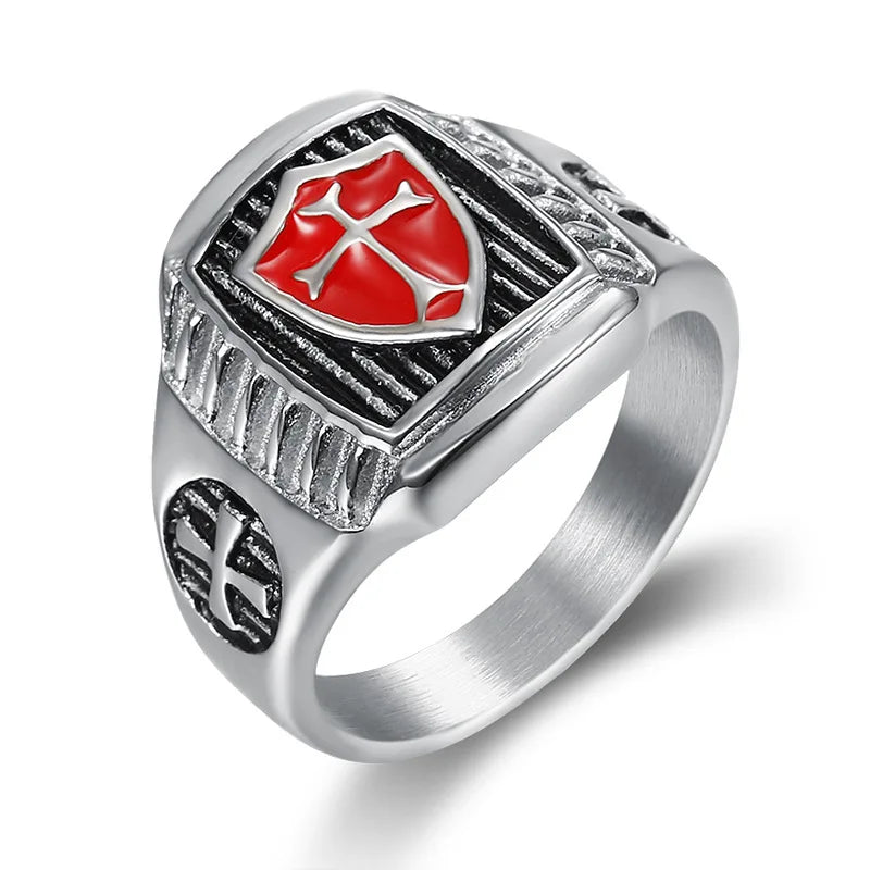 Hot Style Knights Templar Ring Stainless Steel Red Glue Catholic Shield Cross Man's Ring Waterproof