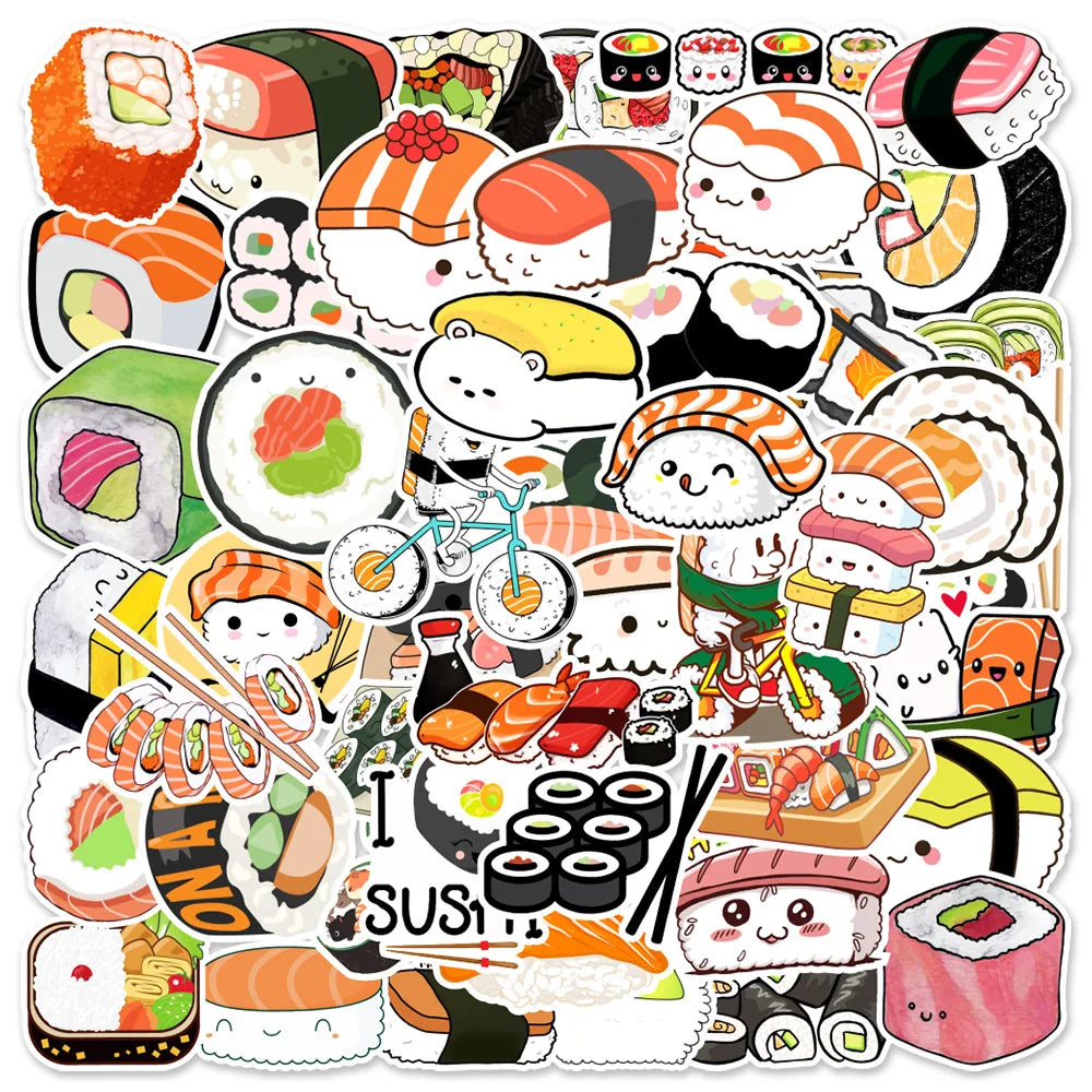 50Pcs Cartoon Japanese Sushi Cute Decorative Stickers for Children Scrapbook Bottle Decor Vinyl Rice Ball Sticker