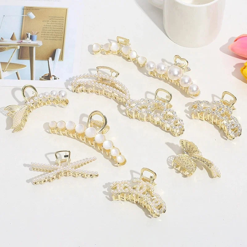 Metal Pearl Tiara Back Hair Clip Claw Top Clip Simple Style Ponytail Hair Claw