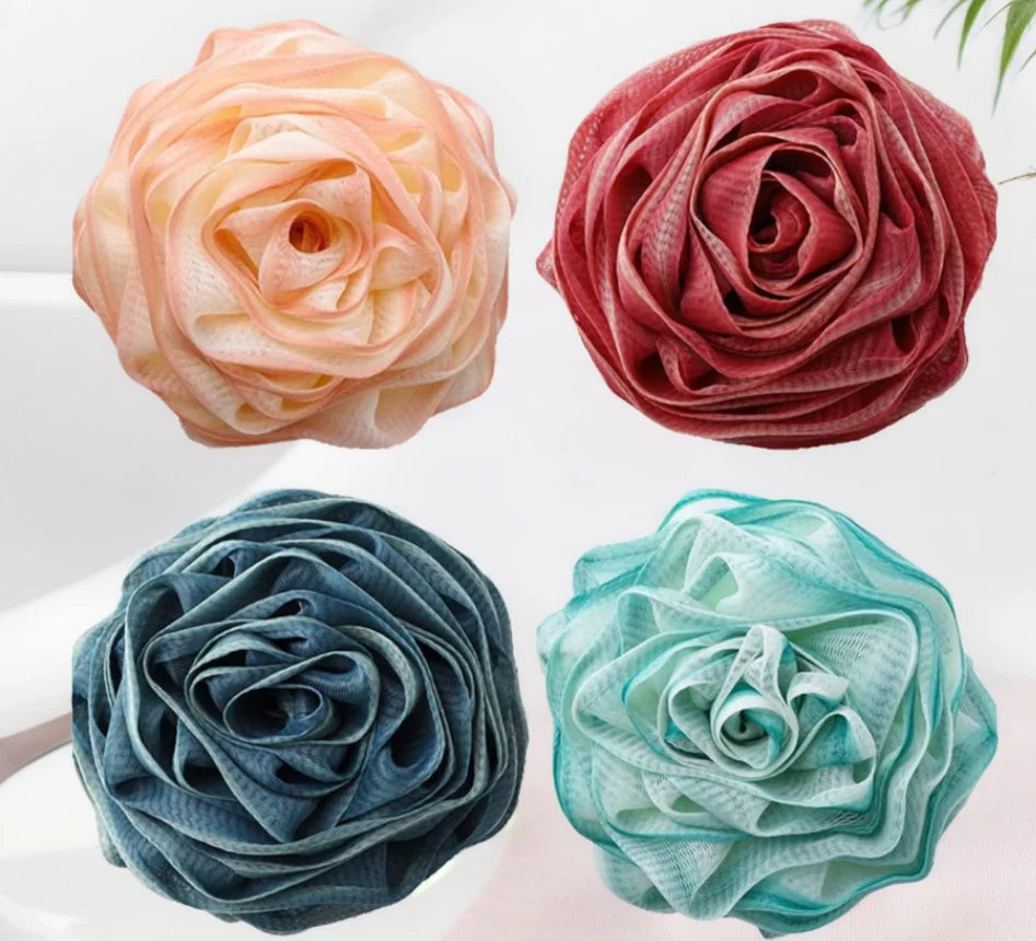 Custom Logo Nice Rose Flower Loofah Sponge Soft PE Mesh Body Poufs Exfoliating Bath Cleansing Sponge Luffa Shower Ball Scrubber