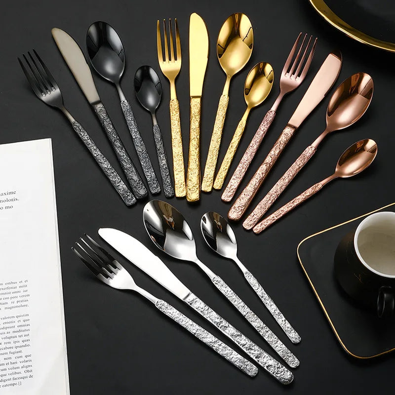 Light Luxury Stainless Steel Knife Fork Spoon Four Pcs Cutlery Set with Embossed Stone Handles Hotel Silverware Cutlery Set