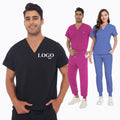 OEM logo Scrub Suit v Neck Short Sleeve Doctor Hospital Uniforms Suits Top Jogger Pants Scrubs Unisex Mens Uniform Sets