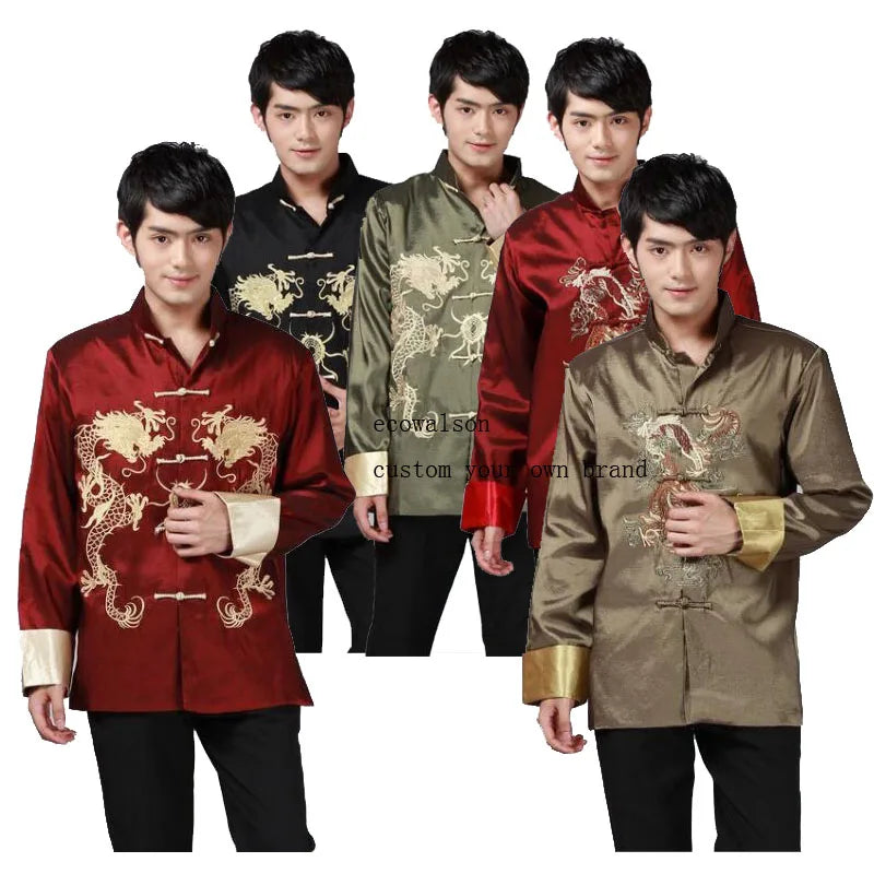 Ecowalson Male Costume  Embroidery Dragon Tangsuit Traditional Chinese Clothing for Men Shirt Tops Jacket Cheongsam Hanfu