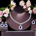 4 Pcs Wedding Jewelry Set Water Drop Royal Blue CZ Zirconia Necklace Earrings Ring Bracelet for Women Bridal Party Accessories MegaBDM
