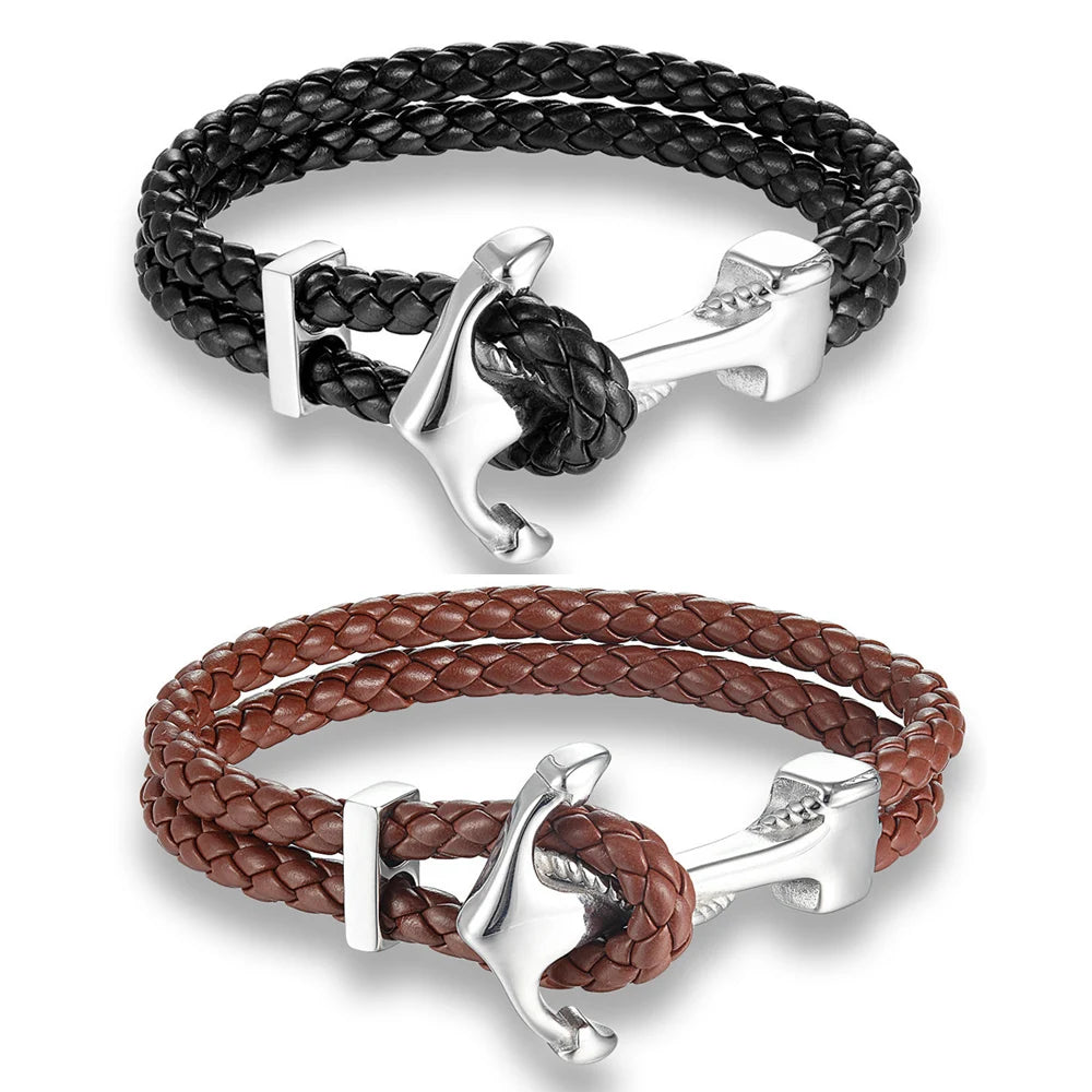 High Quality Double Layer Braided Genuine Leather Bracelet Stainless Steel Anchor Leather Rope Bracelet for Men Jewelry