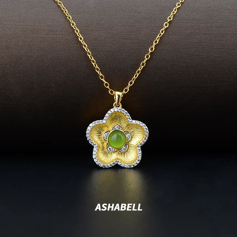 Wholesale Italian Brushed Craft Flower Inlaid Natural Jad Pendant Necklace 18K 925 Silver Plated Necklace