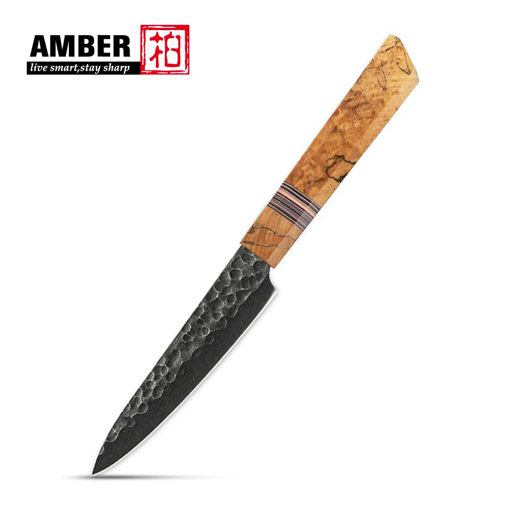 440C Practical Petty Utility Knife High Carbon Steel Black Hammer Pattern Paring Knife with Spalted Wood Handle