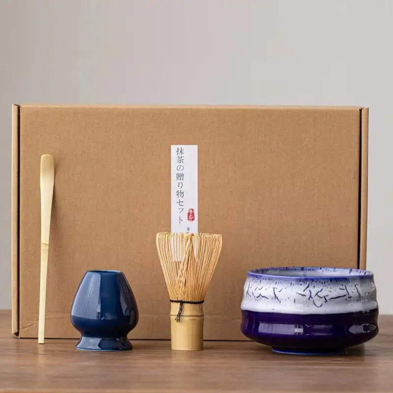4PCS Set Traditional Matcha Gift Set Bamboo Matcha Whisk Spoon Ceramic Matcha Bowl Mixing Rack Whisk Holder Japanese Tea Sets