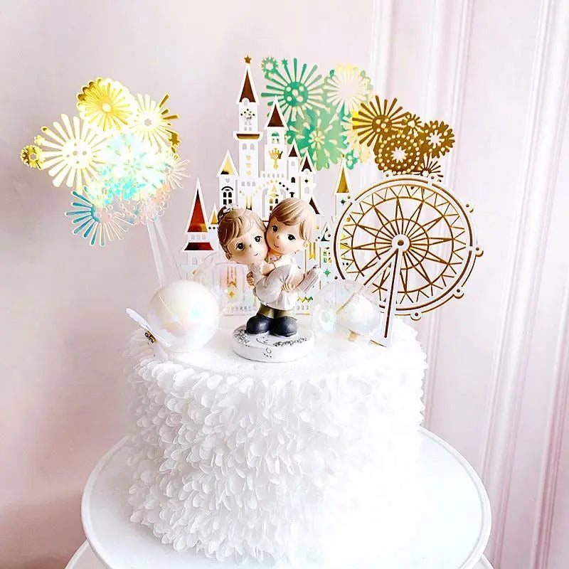 Fashion Acrylic Happy Birthday Gold Castle Ferris Wheel Hand-made Cake Topper Princess Prince Birthday Party Supplies XQ067