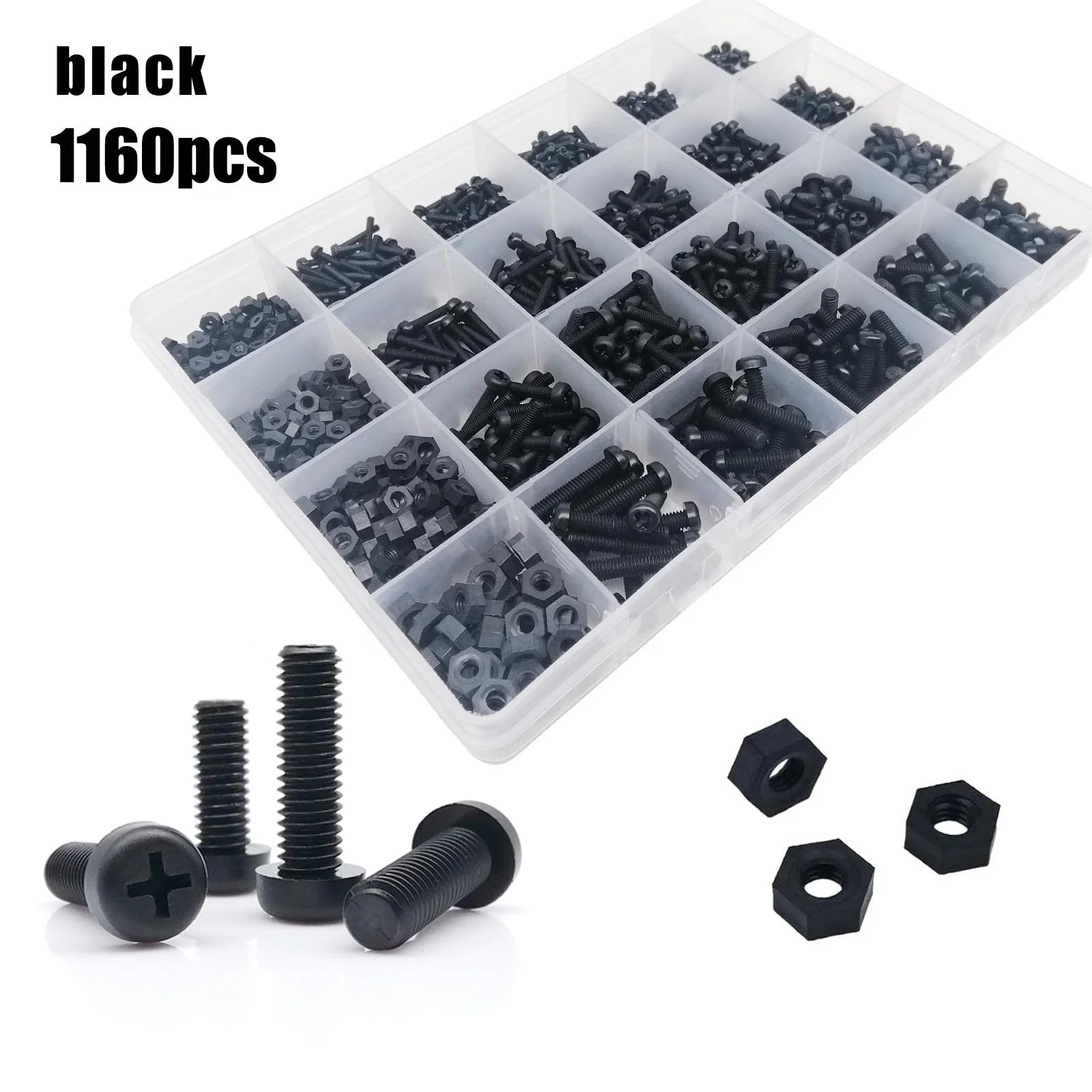 1160pcs M2 M2.5 M3 M4 GB818 Black White Nylon Plastic Insulating Cross Phillips Pan Round Head Bolt Screw Nut Set Mix Kit Box