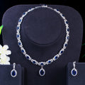 Silver Plated Cubic Zirconia Leaf Drop Dark Blue Big Wedding Necklace Women Party Costume Jewelry Set for Brides