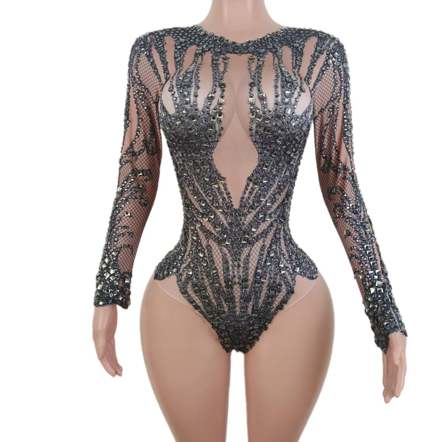 Shiny Long Sleeve Spandex Short Bodysuits Drag Queen Pole Dancer Wear Women Rompers Stage Performance Sexy Rhinestone Jumpsuit