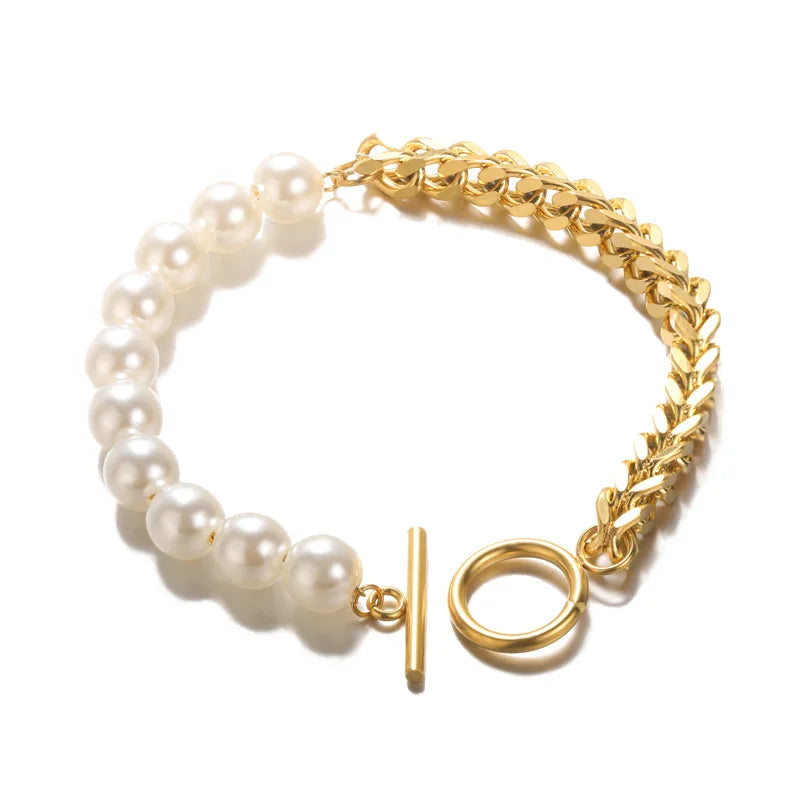 Lateefah OEM Dainty Ot Clasp Stainless Steel Cuban Chain Imitation Pearl Bracelet 18K Gold Bracelet