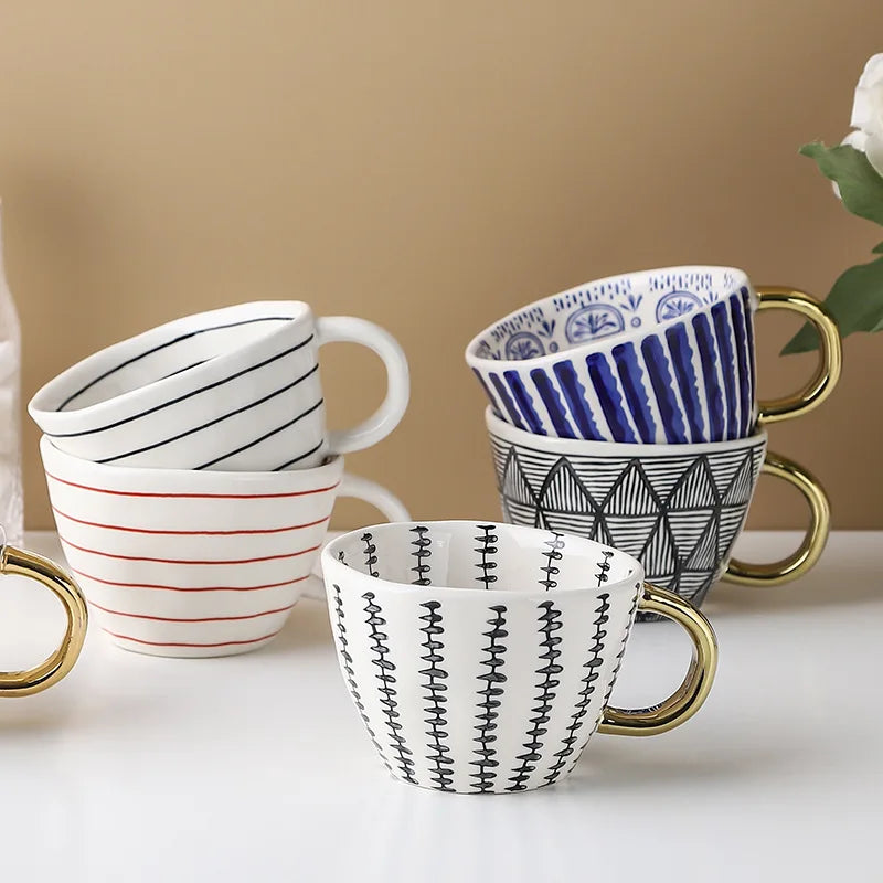 Tea Cup Hand Painted Geometric Ceramic Mugs With Gold Handle Handmade Irregular Cups for Coffee Tea Milk Coffee Cup